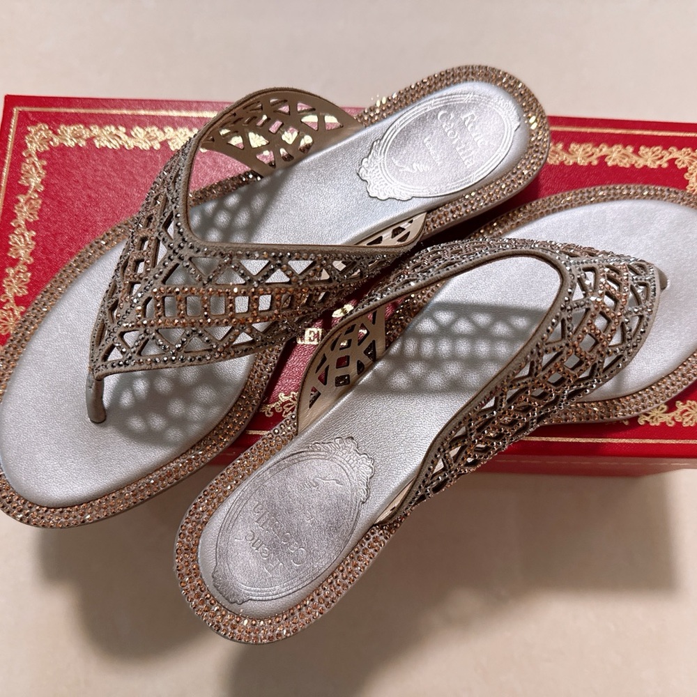 Rene Caovilla Silver and Gold Sparkling Crystal Thongs Sandals Size 35